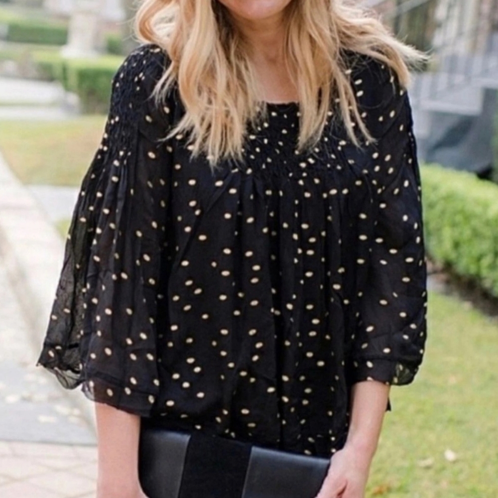 Anthropologie Floreat Black Gold Polka Dot Blouse